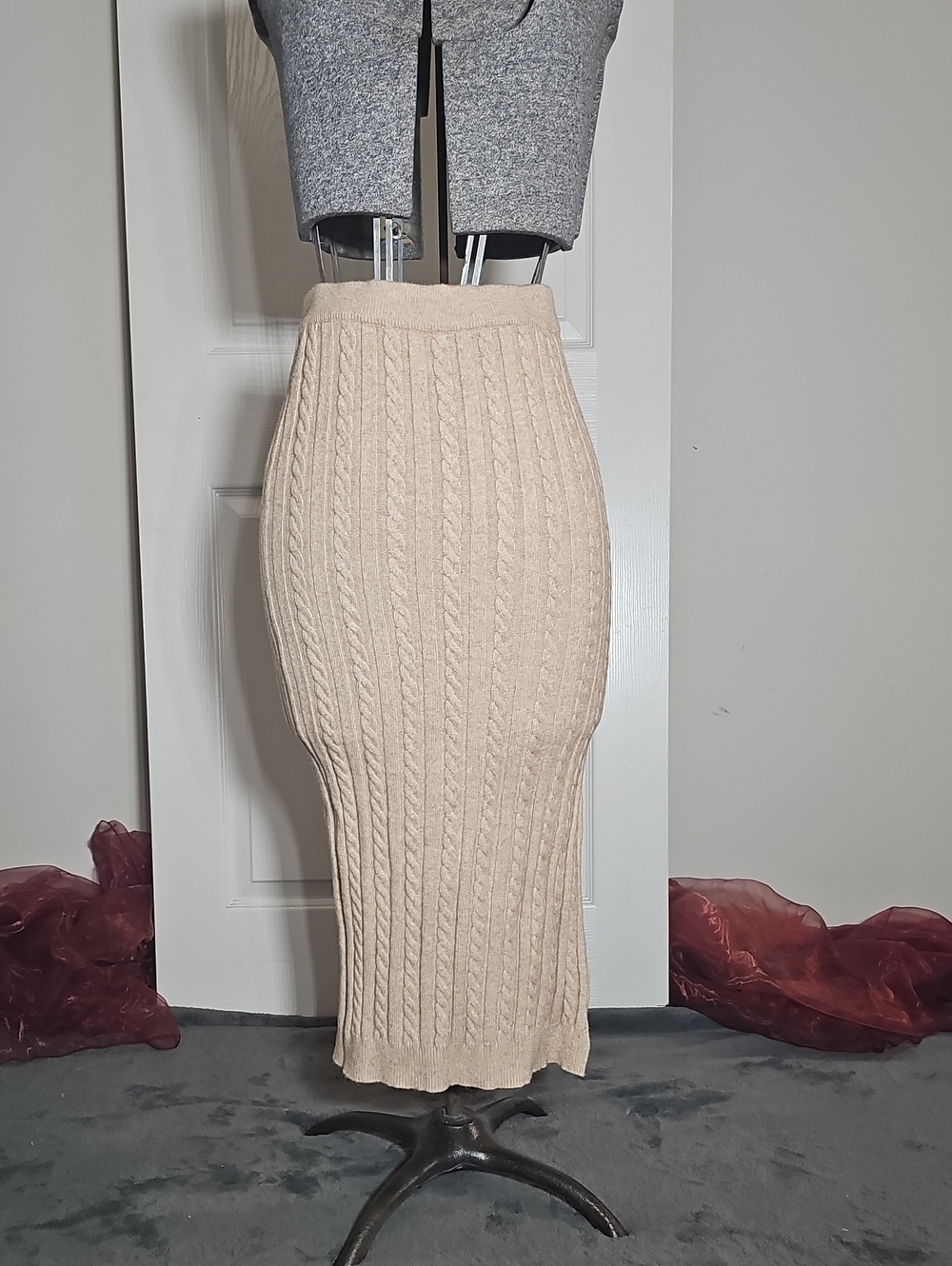 Heartloom Asher Cable Knit Pencil Midi Skirt Tan Beige Size Small NWT